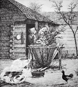 Landschaftsszene - eine Frau an einem Waschbottich, nach einer Illustration von J. S. Hodgson