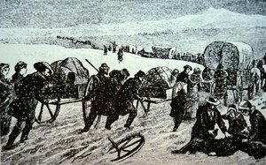 Mormonischer Planwagenzug in einem Schneesturm auf dem Weg nach Salt Lake City, Utah