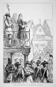 Sir Edmund Andros proklamiert 1686 das Dominion von Neuengland mit sich selbst als Gouverneur von School American