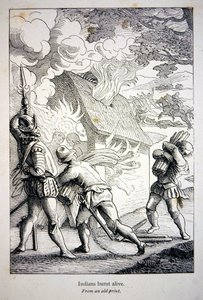 Die Spanier in Amerika brennen ein Indianerdorf nieder
