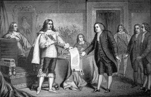 William Penn erhält die Charta von Pennsylvania von Karl II. von England im Jahr 1681 von School American