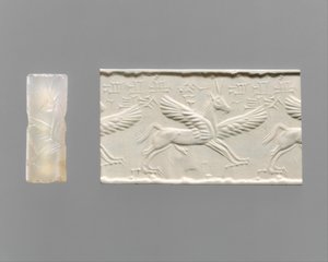 Zylindersiegel und moderner Abdruck: geflügeltes Pferd mit Klauen und Hörnern, ca. 14.–13. Jahrhundert v. Chr. (Chalcedon)