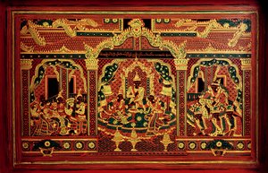 Detail einer Manuskripttruhe aus Myanmar (lackiertes Holz)