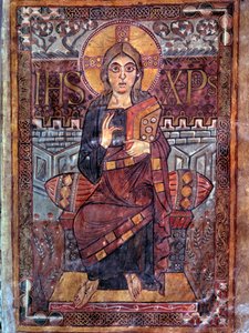 Karolingische Kunst: Christus in Majestät. Miniatur aus dem Manuskript Evangeliaire de Godescalc, Ecole du Palais de Charlemagne (Folio 3) Kopie von Godescalc aus dem Schatz von Saint-Sernin de Toulouse, Bibliothèque du Louvre, 781-783. BN, Paris von School Carolingian