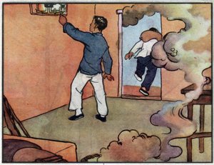 Zeichnung, im Brandfall den Strom abschalten, bevor man das Gebäude verlässt. Illustration, in „How to use electricity in safety“, China