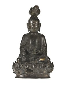 Figur von Guanyin, der chinesischen Göttin der Barmherzigkeit, sitzend auf einem Lotusdesign-Sockel mit einem Raben auf ihrem Kopf und einem Kaninchen in ihrer linken Hand