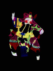 Männliche Figur der Pekinger Oper mit Maske. Bemaltes Papierschnittwerk oder "Jian Zhi", chinesische Volkskunst, Peking