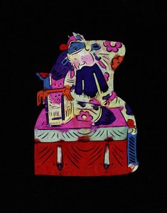 Männliche Figur der Pekinger Oper mit Maske. Bemaltes Papier oder „Jian Zhi“, chinesische Volkskunst, Leonard de Selva, China, 2006.