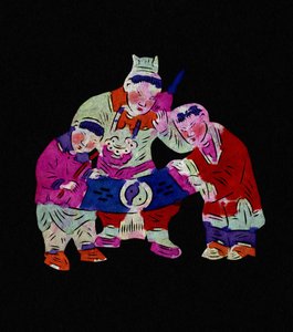 Männliche Figur mit zwei Kindern. Scherenschnitt, chinesische Volkskunst, Peking.