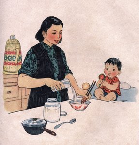 Mutter bereitet eine Babynahrung zu. Illustration, in "Wie wir unsere Kinder besser ernähren", Ausgabe Le Journal de la Sante, Peking
