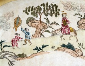 Edle Frau zu Pferd und Kinder, die Drachen steigen lassen - Chinesischer Druck, um 1800 von School Chinese
