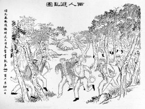 Boxeraufstand: Die Europäer fliehen vor den Boxern. Illustration veröffentlicht in der Zeitung von Shanghai Toung-Ouen-Hou-Pao. Um 1899 von School Chinese