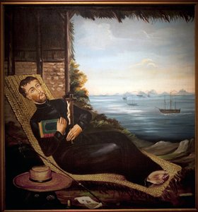 Heiliger Franz Xaver ruht vor der Bucht von Hongkong (China). Gemälde der Hongkonger Werkstatt, Öl auf Leinwand, um 1850. Port Louis Museum. von School Chinese