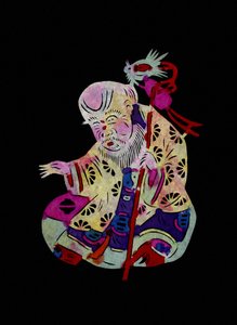 Yaowang Dian, taoistischer Gott der Medizin. Bemaltes Papierschnitt oder „Jian Zhi“, chinesische Volkskunst, Peking.