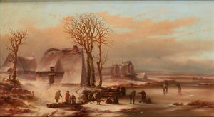 Eine Winterlandschaft mit Figuren auf einem zugefrorenen See von School Dutch