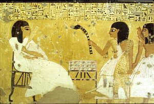 Altes Ägypten, Grab von Inherkhau, Theben, Inherkhau vor seinen Söhnen, die die Pflichten eines Priesters erfüllen, trägt ein Leopardenfell, Wandmalerei, Tal der Adligen, 20. Dynastie