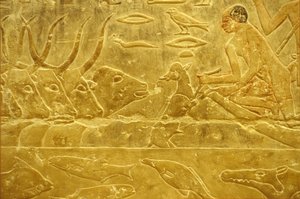 Altes Ägypten, Wandrelief, Mastaba/Grab von Idout, Saqqara, 6. Dynastie, Vieh durchquert einen Fluss, Mann hilft einem Kalb über den Fluss, Mutter schaut zu von School Egyptian
