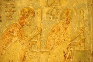 Altes Ägypten, Wandrelief/Malerei, Grab von Petosiris, Tuna el Gebel, 300 v. Chr., Arbeiter mit Stößel und Mörser