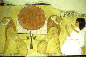 Altes Ägypten, Wandmalerei, Grab des Inherkhau, Theben, Inherkhau verehrt zwei Löwen, Wächter von heute und morgen, 20. Dynastie