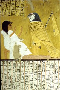 Altes Ägypten, Wandmalerei, Grab von Inherkhau, Theben, Grab der Adligen, 20. Dynastie, Inkherhau verehrt den Horusfalken von School Egyptian