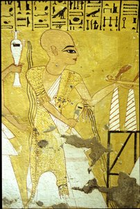 Altes Ägypten, Wandmalerei Grab von Inherkhau, Theben, Grab der Adligen, 20. Dynastie, Ein Priester gießt Trankopfer für Inherkhau