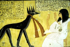 Altes Ägypten, Wandmalerei Grab von Inherkhau, Theben, Grab der Adligen, 20. Dynastie, Inherkhau verehrt die Schakalgötter