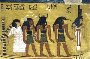 Altes Ägypten, Wandmalerei Grab von Inherkhau, Theben, Grab der Adligen, 20. Dynastie, Inherkhau in der Sonnenbarke mit Isis, Thoth und Khephri (Foto)