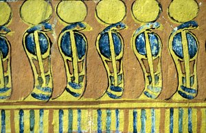 Altes Ägypten, Wandmalerei, Uraeus-Schlangen bewachen das Heiligtum des Osiris, Grab von Sennedjem, Theben, Deir el Medna