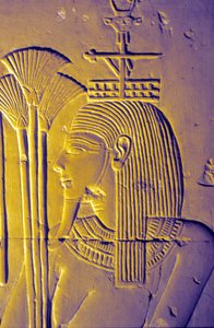 Altes Ägypten, Wandmalerei/-schnitzerei, Nilgott bringt Opfergaben von Lotusblüten, Tempel von Seti I, Abydos von School Egyptian