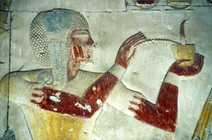 Altes Ägypten, Wandmalerei/Gravur, Ramses II. bietet Weihrauch seinem vergöttlichten Vater Seti I. an, Tempel von Seti I., Abydos von School Egyptian