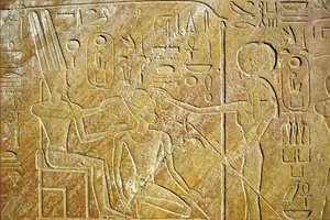 Altes Ägypten, Wandmalerei/Gravur, Sakhmet spricht Amon Ra und Hatschepsut an, Karnak-Tempel, Luxor von School Egyptian