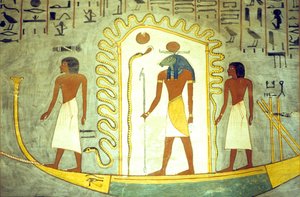 Altes Ägypten, Wandmalerei/-schnitzerei, Grab von Ramses I., Theben, Barke von Amon Ra wird durch die Unterwelt gezogen (Foto)