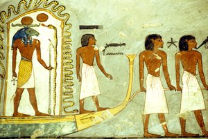 Altes Ägypten, Wandmalerei, Reise durch die Unterwelt, Boot von Männern gezogen, Grab von Ramses I., Theben von School Egyptian
