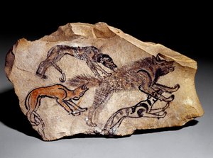 Hunde jagen Hyäne (Steingravur, ca. 1300-1100 v. Chr.)
