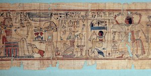 Ägyptische Antike: Detail des mythologischen Papyrus von Neskapashouty, Kornschreiber des Amun. Anubis wiegt das Herz (die Seele) des Verstorbenen. 21. Dynastie