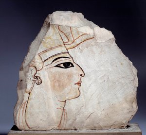Ägyptische Antiquität: Ostrakon (oder Ostracon) (Plural: Ostraka), Kalkstein-Keramikscherben mit königlichem Profil. 19. Dynastie (1295-1186 v. Chr.). Paris, Louvre Museum