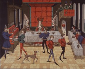 Aristokratische Damen des 15. Jahrhunderts beim Abendessen von School English