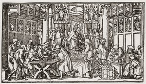 Ein Ablassverkauf während der Tudor-Zeit in England (Gravur) von School English
