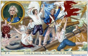 Admiral Villaret (1750-1812), dargestellt im Medaillon, lieferte 1794 die Seeschlacht von Ouessant gegen den Engländer Howe. von School French