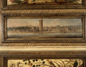 Einzug von Henri IV in Paris: Charles de Cossé Brissac (Cosse-Brissac) öffnete Henri IV (1553 - 1610) die Tür der Konferenz (1594) - die mittlere Landschaft eines der großen Paneele im Raum - Salon de la Meilleraye. Arsenal. Gemälde von Quilleriez von School French