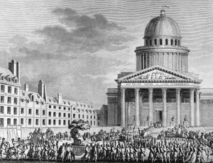 Französische Revolution: Apotheose von Jean Jacques Rousseau (1712-1778), seine Überführung ins Pantheon am 11. Oktober 1794. Paris, Bibliothek des Instituts für Revolutionsgeschichte