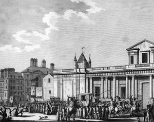 Französische Revolution: Überführung der königlichen Familie (Louis XVI, Marie Antoinette, der Dauphin Louis Charles de France oder Louis XVII und Marie Therese, bekannt als „Madame Royale“) ins Temple-Gefängnis in Paris am 13. August