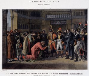 General Bonaparte übergibt dem Militärführer von Alexandria ein Schwert - in „Victoires et Conquêtes des Armées Françaises“, Paris, n.d.