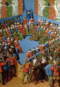 Urteil über Jean, Herzog von Alençon, beschuldigt, mit den Engländern gegen die Franzosen konspiriert zu haben, Faksimile eines Manuskripts aus dem 15. Jahrhundert von Jean Fouquet