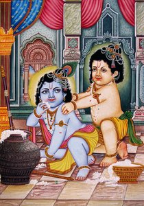 Bal Krishna mit Balram Miniaturmalerei auf Papier