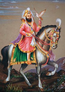 Guru Govind Singh reitend auf einem Pferd, Miniaturmalerei auf Papier von School Indian