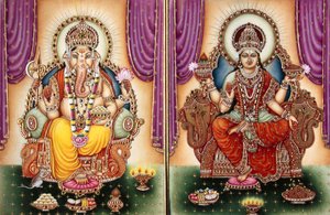 Lord Ganesh Ganpati Göttin und Lakshmi Miniaturmalerei auf Elfenbein