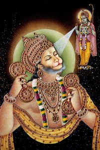 Lord Hanuman und Rama Miniaturmalerei auf Papier von School Indian
