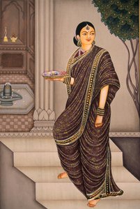 Marathi-Dame geht zum Tempel, Miniaturmalerei auf Papier von School Indian