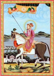 Miniaturmalerei des Mogulkaisers Shah Jahan auf einem Pferd sitzend